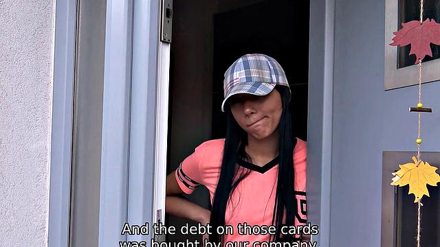 DEBT4k. Chick doesn't want the man to take TV so she has sex with him