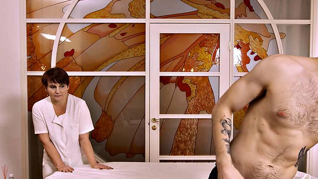 MATURE4K. Mature masseuse fools around with a boy who got excited by her touches