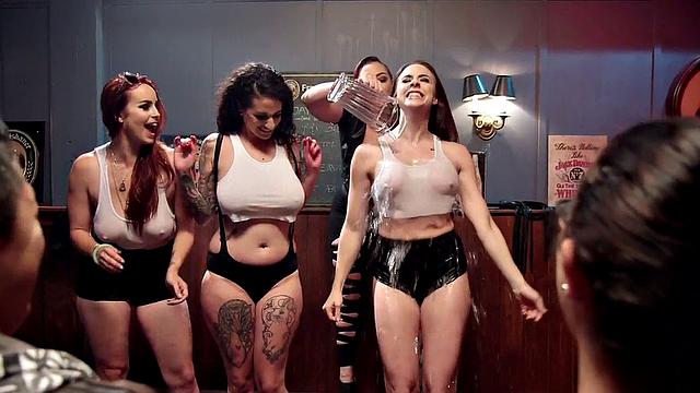 Strapon fucked MILF used in lezdom group BDSM sex