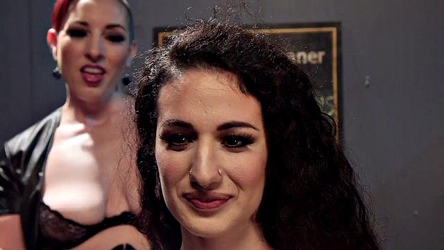 Strapon fucked MILF used in lezdom group BDSM sex