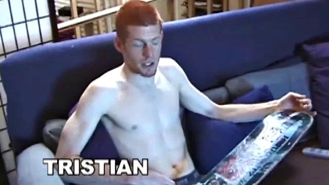 As young Tristian strips naked, his rock hard pops out and the cute skater boy starts stroking. He gives his cock a good workout and then shoots his cum load onto his face and skateboard.
