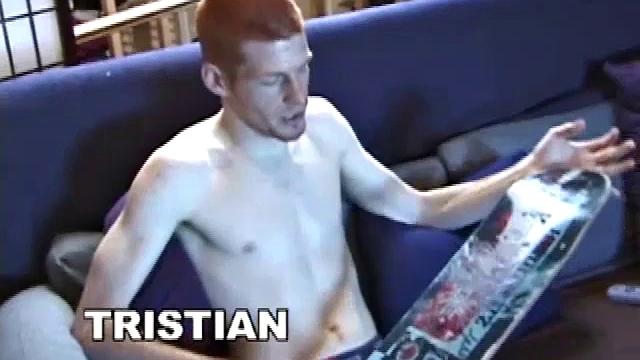 As young Tristian strips naked, his rock hard pops out and the cute skater boy starts stroking. He gives his cock a good workout and then shoots his cum load onto his face and skateboard.