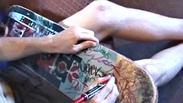 As young Tristian strips naked, his rock hard pops out and the cute skater boy starts stroking. He gives his cock a good workout and then shoots his cum load onto his face and skateboard.