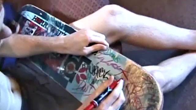 As young Tristian strips naked, his rock hard pops out and the cute skater boy starts stroking. He gives his cock a good workout and then shoots his cum load onto his face and skateboard.