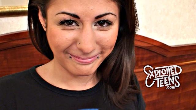 Hot teen with piercings gives a POV blowjob & trimmed pussy tease in hotel casting