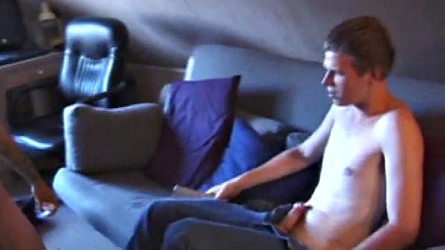 While watching straight porn, young Darrion and Christian decide to play. Darrion goes down on his buddy before giving up his ass for Christian to fuck. Christian bends him over the sofa, slides his shaft in, and fucks him.