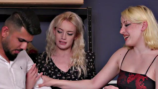 CFNM femdom babes tie up guy and suck his cock in BJ group