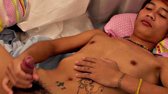 Golden piss Asian masturbates cock at home till cum