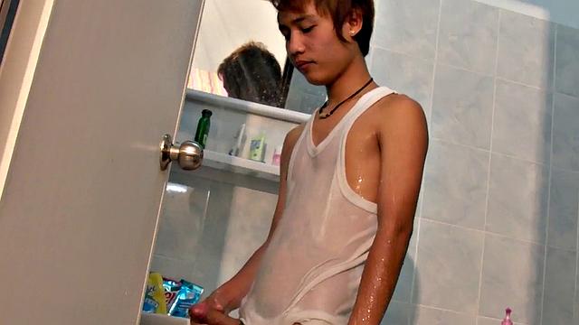 Golden piss Asian masturbates cock at home till cum