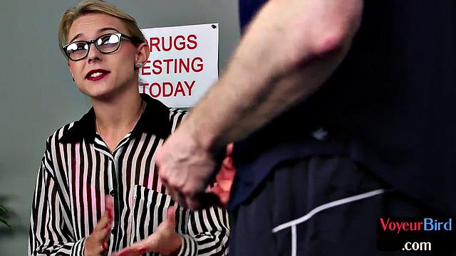 Blonde glasses-wearing babe with high heels and stockings dominates JOI sub with panties and high heels