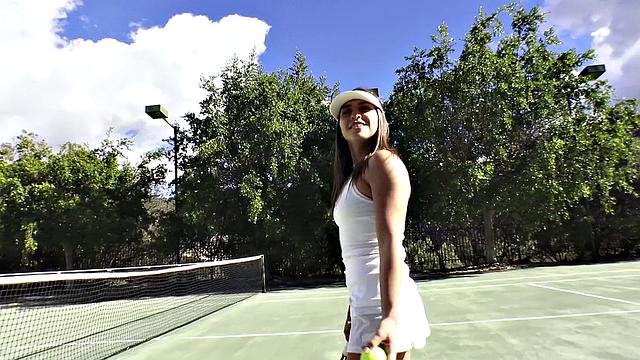 Watch this hot Latina's tennis lesson turn into a wild fuck fest with pussy play, doggystyle, and cumshots on the couch
