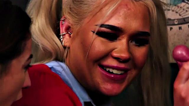 CFNM college babes suck professor in threesome