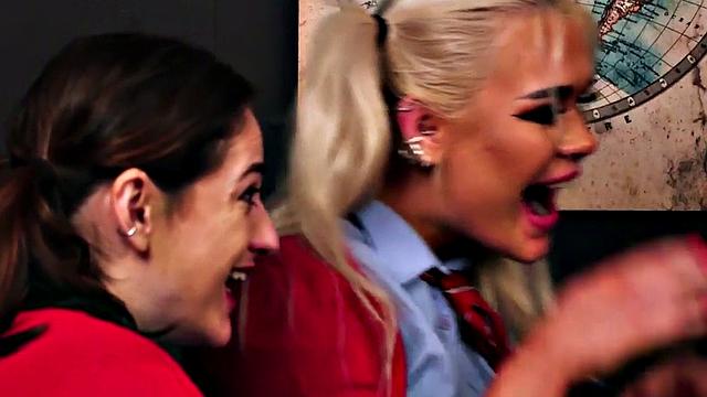 CFNM college babes suck professor in threesome