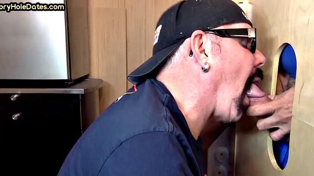 Gloryhole amateur mature deepthroats cock in home video