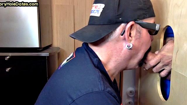 Gloryhole amateur mature deepthroats cock in home video