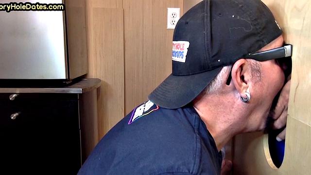 Gloryhole amateur mature deepthroats cock in home video