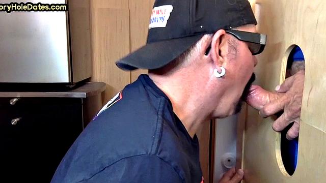 Gloryhole amateur mature deepthroats cock in home video