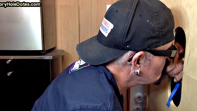 Gloryhole amateur mature deepthroats cock in home video