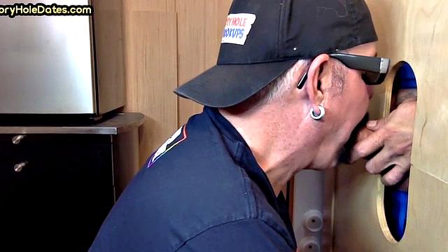 Gloryhole amateur mature deepthroats cock in home video