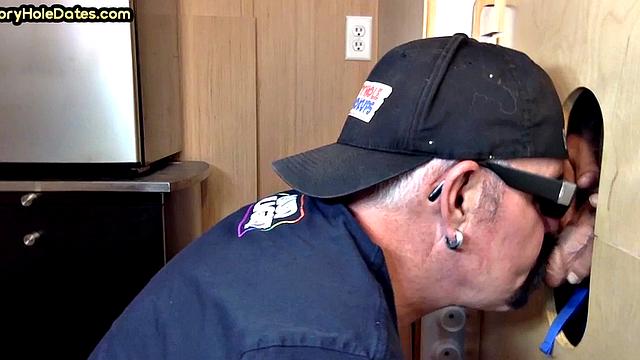 Gloryhole amateur mature deepthroats cock in home video