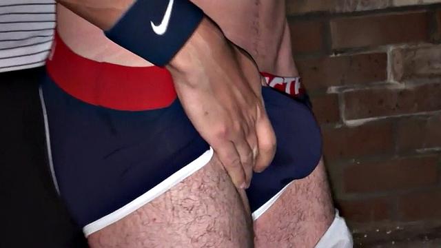 BJ amateur stud in jockstrap rimmed and fucked in basement