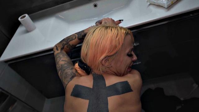 Public bigtitted inked slut fucks in bathroom after BJ