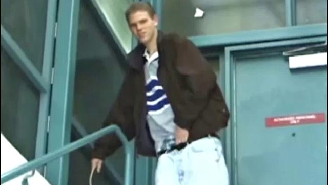 Christian goes into a men's room with glory holes, whips out his cock, and starts jacking off. The camera gives us hot perspectives of this straight boy as he works himself to the edge.