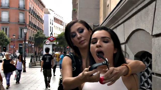 Submissive public babe throat fucked in outdoor public 3some