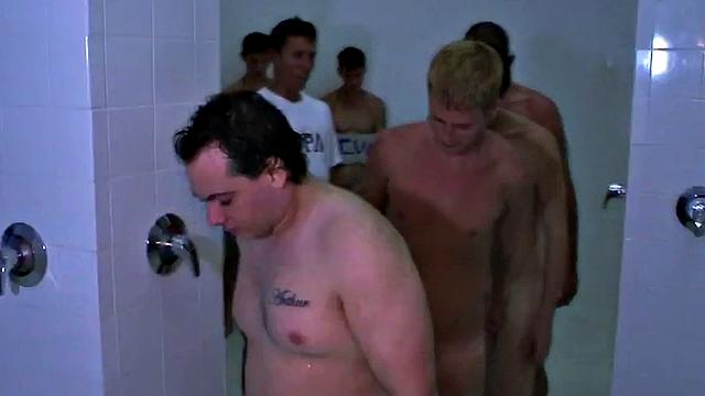 Shower stud fucked for frat in front of college voyeurs