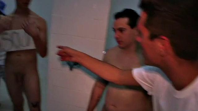 Shower stud fucked for frat in front of college voyeurs