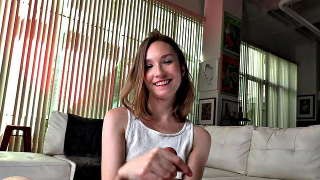 21yo skinny amateur wanks hard oiled cock in POV