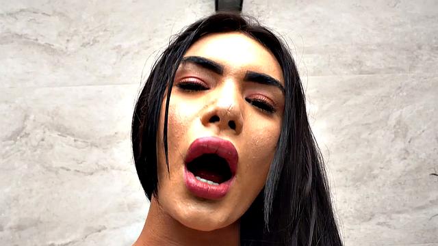 Transsexual beauty banged by huge dick in anal