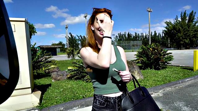 Redhead teen with huge tits sucks big dick in car for cash