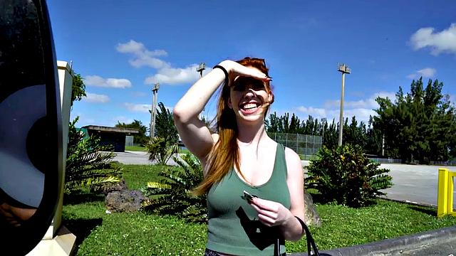 Redhead teen with huge tits sucks big dick in car for cash