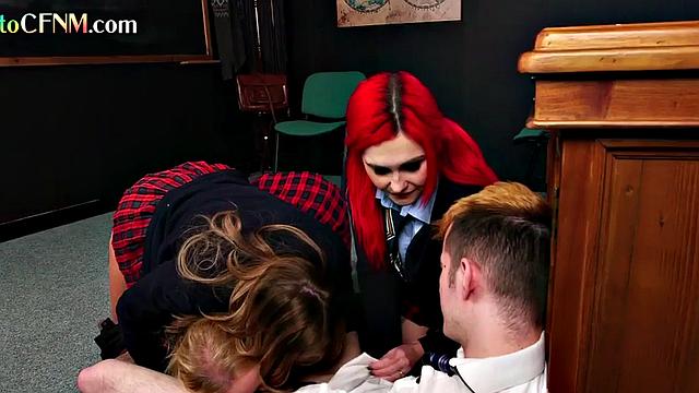College CFNM femdoms suck lucky student in group