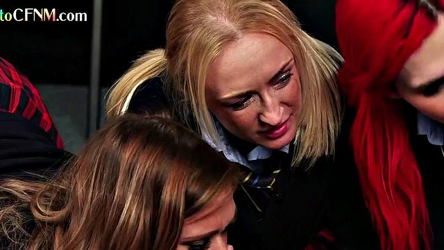College CFNM femdoms suck lucky student in group