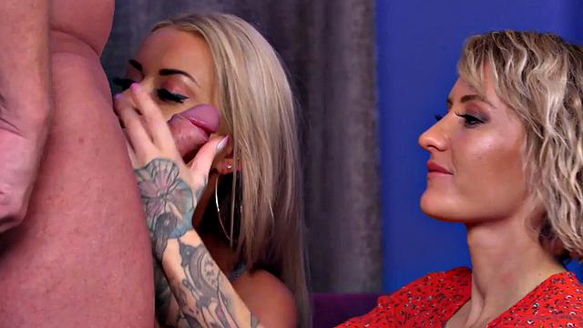 CFNM sluts teasing nympho male while stroking dick