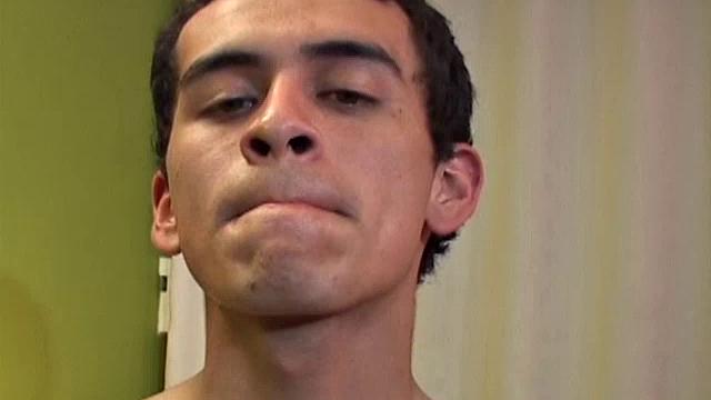 Skinny Latino Damian takes us to his bedroom to watch him jerk off. There, the clothes strip off and the big uncut cock gets hard, before this naked and horny young man begins stroking with drtermination.