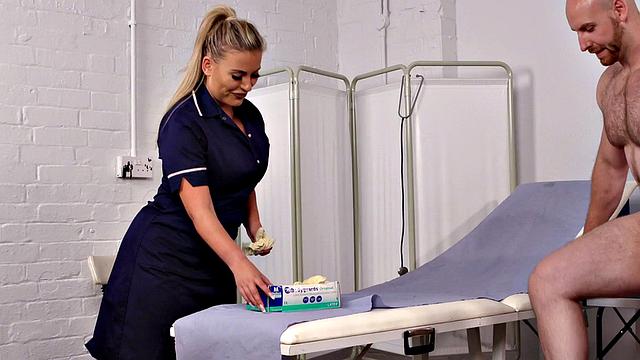 Femdom SPH nurse in lingerie jerks small patient
