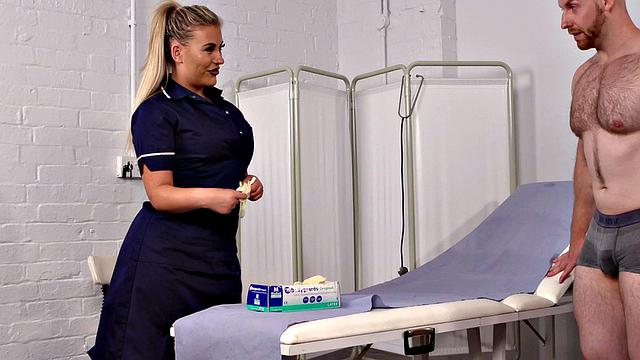 Femdom SPH nurse in lingerie jerks small patient
