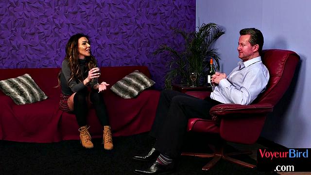 Voyeur busty British MILF in stockings teases wanker