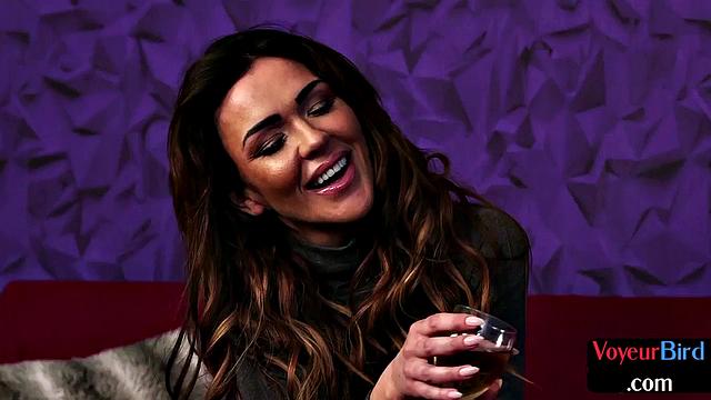 Voyeur busty British MILF in stockings teases wanker