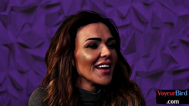 Voyeur busty British MILF in stockings teases wanker