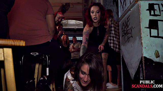 Mouthgagged naughty babe fucked in public