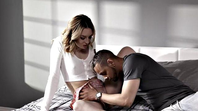 Blonde teen with tattoos gets her tight pussy pounded by Black BF while babysitting