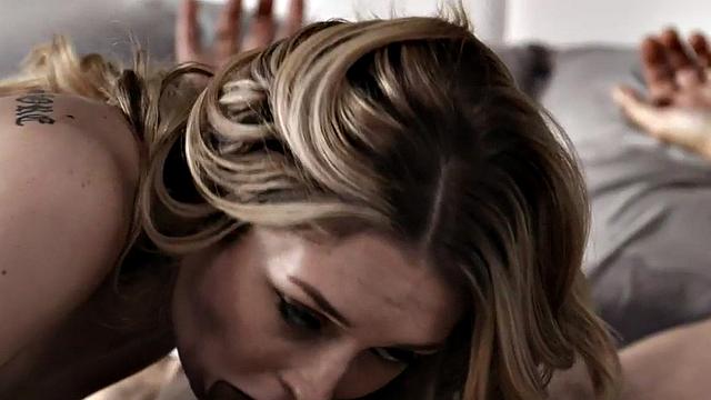 Blonde teen with tattoos gets her tight pussy pounded by Black BF while babysitting