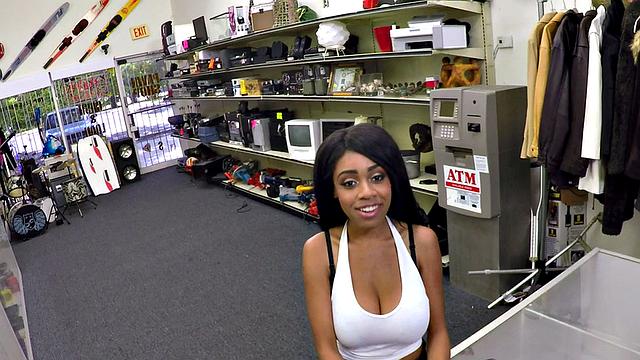 Real pawnshop ebony babe bounces on cock after sucking