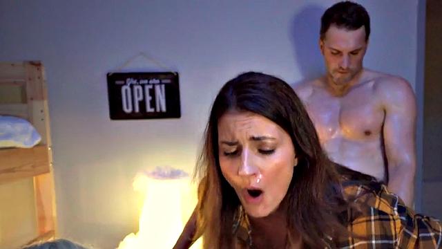 Slutty babes 3way fucked by hostel roommate in sex doll role