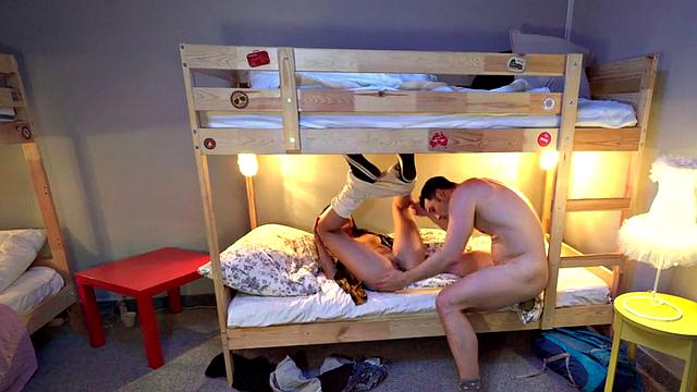 Slutty babes 3way fucked by hostel roommate in sex doll role