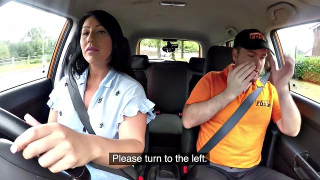 Busty British babe sucks off and rides her tutor in car